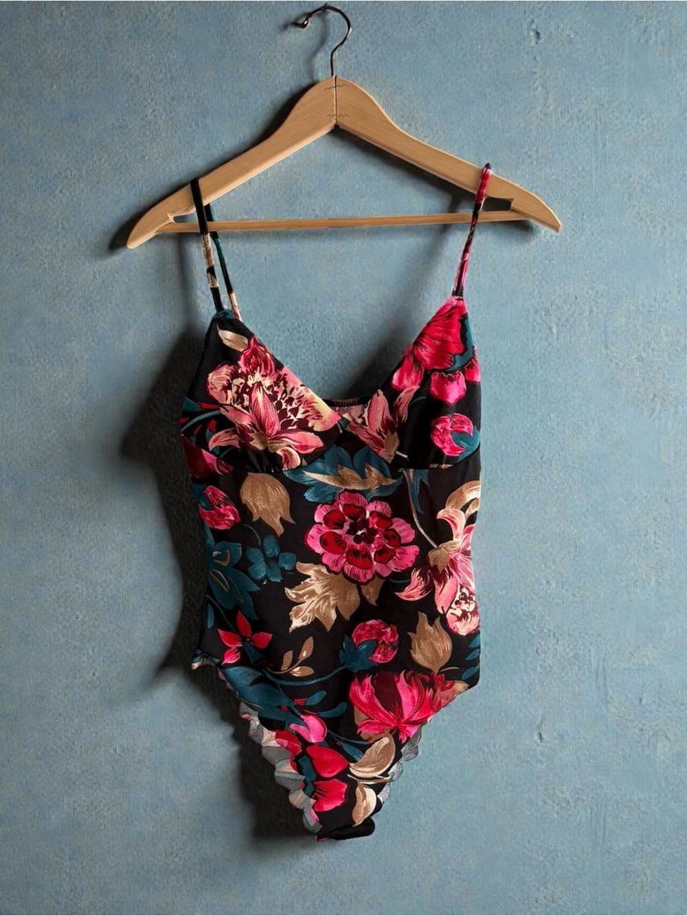 SHEIN Black Floral Lace-Trim Slip Bodysuit with Pink, Teal & Gold Blooms